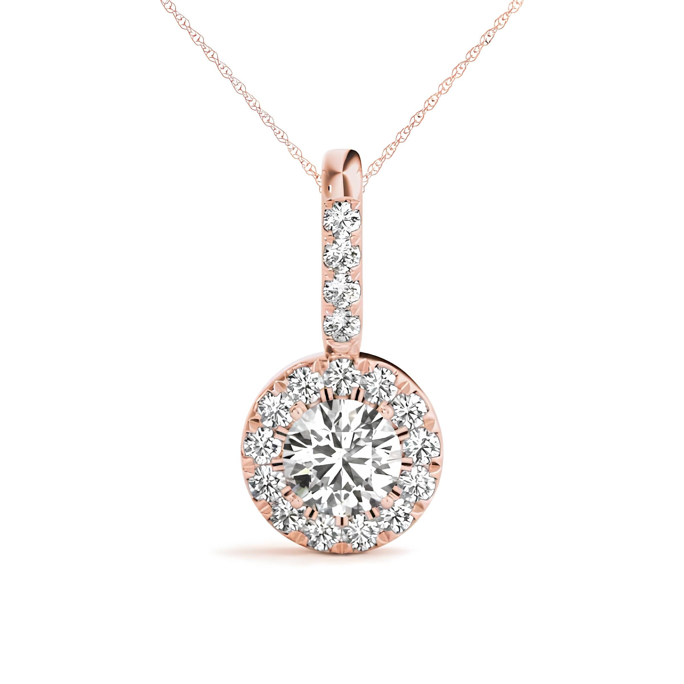 1.00 Carat EF VS/SI Lab Grown Round Diamond Halo Pendant Necklace IGI Certified Diamond in 14K Gold